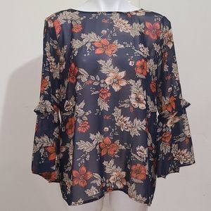 Premise studio Blue Floral Lined bell sleeve top